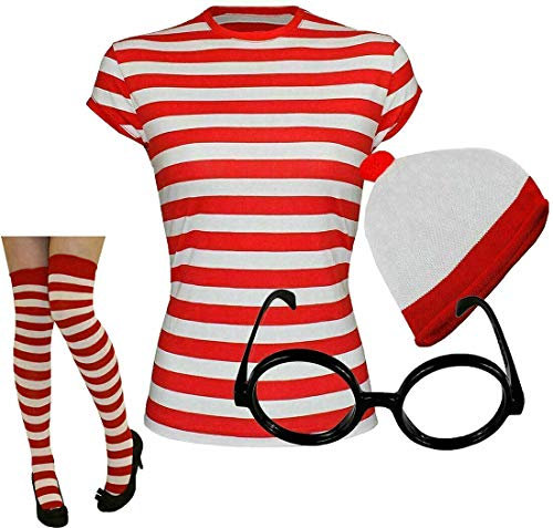 Fairy Trendz Herren Damen rot und weiß gestreiftes T-Shirt Hut Brille Socken Set Kinder 3-teiliges Set Buchwoche Kostümparty Set, Damen-T-Shirt, Mütze, Brille, Socken, 36