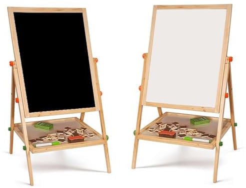 SASONS® Double Sided Kids 2 in 1 Quality Wooden Art Easel Adjustable Flip-Over Drawing Writing Board Whiteboard Blackboard Chalkboard for Children Fun Play Educational Activity Learning [100cm]