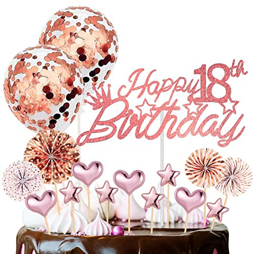 birdsunshine Happy Birthday Tortendeko 18, 17 Stück Glitzer Cake Topper 18 Geburtstag, Happy Birthday Kuchendeko, Cupcake Topper mit Sternen Liebe Konfetti-Luftballons und Papierfächer(Roségold)