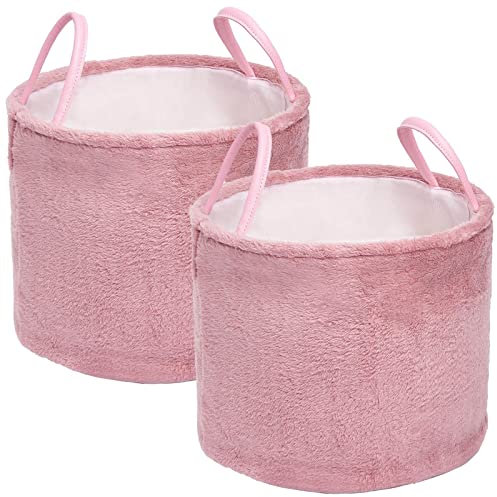 OHS 2 x Teddy Fleece Storage Basket Laundry Wash Bathroom Toy Hamper with Handles Home Decor Tidy Organiser Clothes Foldable - Blush Pink