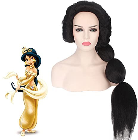Wig for Prinzessin Jasmin Perücke Cosplay Kostüm Aladdin und die Wunderlampe Frauen lange schwarze hitzebeständige synthetische Perücken + kostenlose Perückenkappe Jasmin