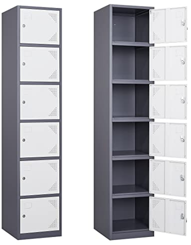 Yizosh Metal Locker with 6 Doors, Tall Steel Storage Lockers for Employees - 71 Locker Storage Cabinets for School, Gym, Home, Office, Garage (Grey White)