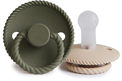 FRIGG Rope Confezione da 2 ciucci | Ciuccio in silicone | Senza BPA | Prodotto in Danimarca | Tettarella simmetrica a ciliegia | (Croissant/Olive, Taglia 2 (6-18 Mesi))