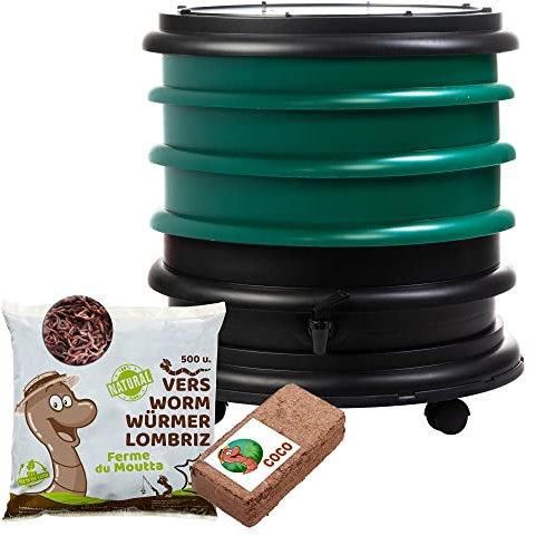 WORMbox | Lombricomposteur 3 Plateaux Vert Foncé + 250gr de vers de Compost + 1 Bloc Coco | 48 litres | Compostez Vos déchets organiques, Les vers de Terre/lombrics produisent du lombricompost
