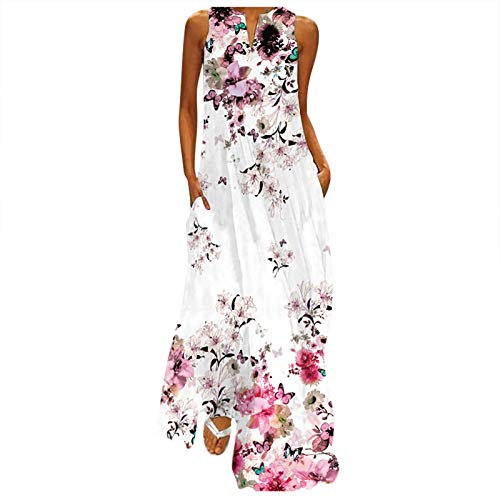Robe Longue Femme Imprimé Fleur BohèMe éTé Ample sans Manches Ample Col en V avec Poches Chic Et Elegant Grande Taille Pas Cher S-5XL