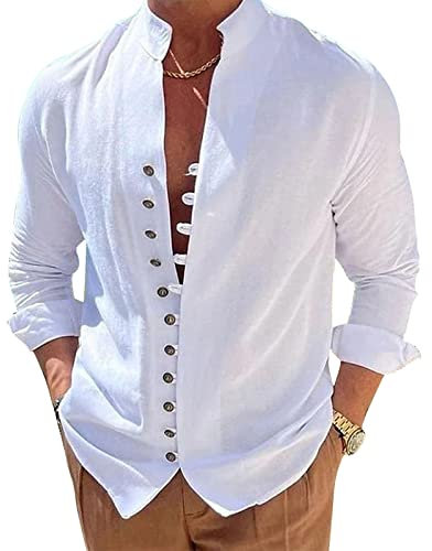 Puimentiua Leinenhemd Herren,Langarm Leinen Hemden,Sommer Freizeithemd,Sommerhemd mit Stehkragen und Knopfleiste (Weiß,XL)