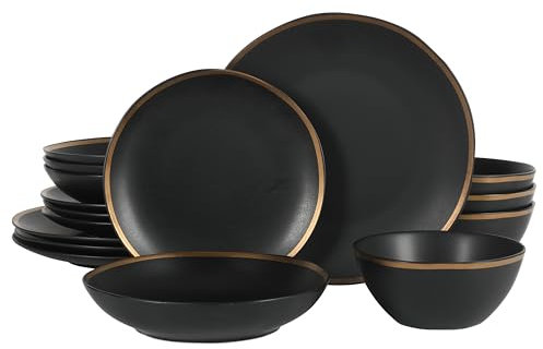 Gibson Elite Kings Road Double Plates and Bowl Organic Round Porcelain Dinnerware Set - Matte Black w/Gold Rim