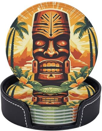Famame 6 Stück Vintage Hawaii Tiki Palme Leder Untersetzer für Getränke mit Halter Untersetzer Sets Getränketisch Tasse Untersetzer für Wohnzimmer Küche Kaffee Dekor