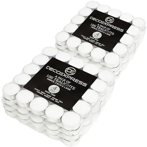 Deco Express Teelichter Multipack 200, 100, 50 oder 24 Stk - 10, 8 oder 4 Std Brenndauer – Bunte & Weiße Teelichter ohne Duft (Weiß, 200/4 Stunden)