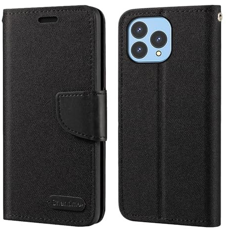 Custodia Flip in Tessuto Oxford e Pelle PU Compatibile con Wiko T60, Cover Protettiva con Chiusura Magnetica e Tasche per Carte (Nero)