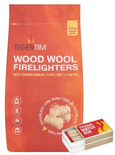Tiger Tim Wood Wool Firelighters with Trade Match Box-Sustainably Sourced Natural Wool Wood Fire Starters for Fire Places, Pizza Ovens, Stoves & BBQ's-32 Long Burning Odourless Fire Lighter- (1 Pack)