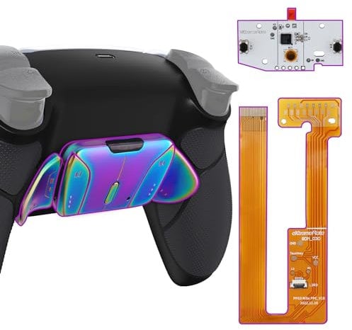 eXtremeRate Rainbow Aura Blue Purple Real Metal Buttons (RMB) RISE4 Remap Kit for ps5 Controller BDM-030 040 050 with Black Rubberized Grip Black Back Shell & Buttons - Without Controller