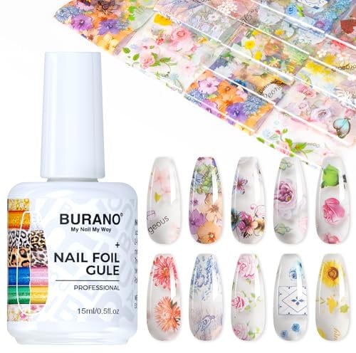 BURANO Nail Art Nail Foil Glue Gel, 15 ML 1 Bottle Foil Transfer Gel with 10PCS Stickers, UV LED Lamp Required Nail Design Foils Glue for Nails 33