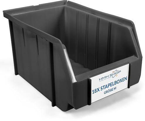HMH Stapelboxen der Größe M 230x150x130mm für dein Kleinteilelager Sichtlagerkästen in 5 Farben Zubehör wie Deckel Trennsteg Etikett Wandschiene Sortierkisten (Grau, 18 Stück)