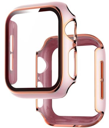 Coque rigide avec protecteur d'écran en verre trempé compatible avec Apple Watch Series 3 Series 2 Series 1 38 mm, ultra fine antichoc pour iWatch, rose + or