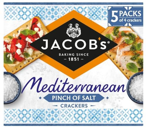 Oven Baked Crispbreads and Cracker Mediterranean Pinch Of Salt Crackers 190g, 42 kcal per cracker, Source of fibre, No artificial colours or flavours, Suitable for Vegetarians