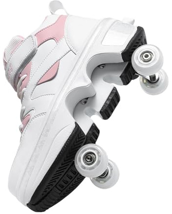 WLOWS Kinder Roller Skate Schuhe für Jungen Mädchen, Skateboarding Skates Outdoor Parkour Schuhe Einziehbare 4 Räder Sneaker,Pink-35