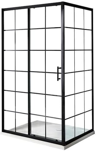 MILANO Black Grid Sliding Door Shower Enclosure White Tray 1200 x 900mm