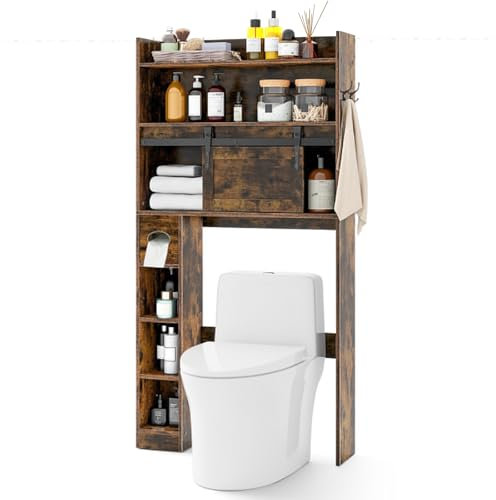 RELAX4LIFE Over Toilet Storage Cabinet, Freestanding Bathroom Space Saver Toilet Rack with Sliding Barn Door, Adjustable Shelves and Toilet Paper Holder, Wooden Above Toilet Organizer (Rustic Brown)