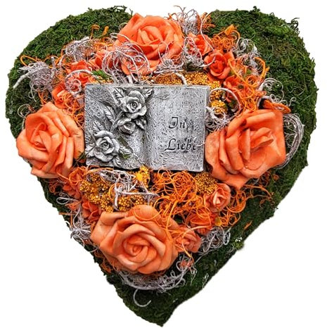 Der kleine Dekoladen Deko & Geschenke by Sabine Faust Lünen Grabgesteck Grabschmuck Grabaufleger Moosherz Grabherz Trauerherz Grab Herz Gesteck Rosen mit Buch In Liebe orange