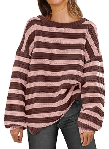 YCBMINGCAN Maglione natalizio da donna, a maniche lunghe, girocollo, maglia grossa, blocco di colori, top alla moda per il 2024, maglione a maniche corte, da donna, beige, Colore: rosa., L