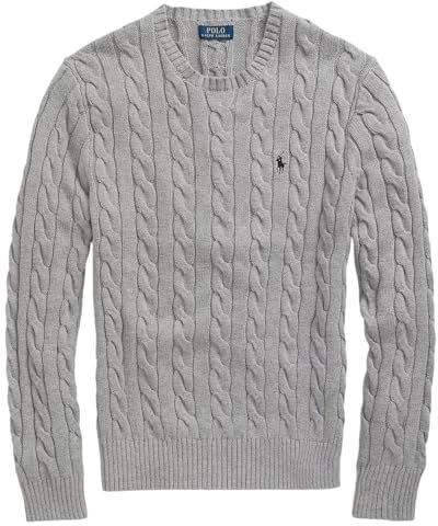 POLO RALPH LAUREN Men's Iconic Cable Knit Cotton Pullover Sweater, Ralph Lauren Grey Heather, Medium