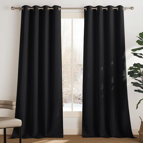 PONY DANCE Tende Termiche Isolanti per Interni Moderne Tenda Nera Oscurante Camera da Letto Curtains per Soggiorno Finestre con Anelli 2 Pezzi L 140 x A 350 cm