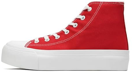 Women's Fashion Platform Trainers Ladies High Top Canvas Shoes Classic Platform Lace Up Sneakers Pumps Plimsolls Outdoor Sport Tennis Running Walking Shoes Breathable Red