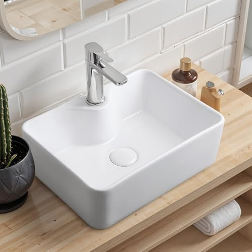 Warmiehomy Vasque rectangulaire en céramique à poser avec trou pour robinet, pour salle de bain, vestiaire, meuble-lavabo, toilettes, blanc, 40 x 30 x 13 cm