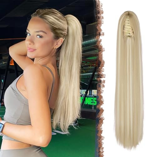 FESHFEN Langer Pferdeschwanz Haarteil - Glatte Schmutzige Blondine Zopf Extensions mit Klammer Synthetik Haarverlängerung Claw Clip in Ponytail Haare Extension für Damen, 63 cm