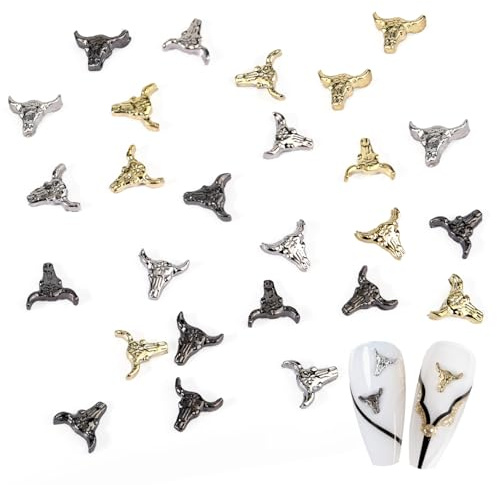 50pcs Stylish Bull Head Nail Charms, Halloween Retro Cowboy Nail Stickers | Funny Bull Head Manicure Decor Stickers for DIY Crafts with Gold Silver Black Mixed Color Designs