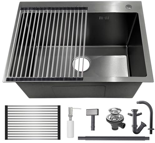Lavabo Cuisine Cuve Simple En Acier Inoxydable,Évier Cuisine Inox Avec Égouttoir Et Distributeur De Savon, Evier Cuisine 1 Bac Avec Trou Pour Robinet, Montage À Encastrer Ou À Fleur(noir,60x45cm)
