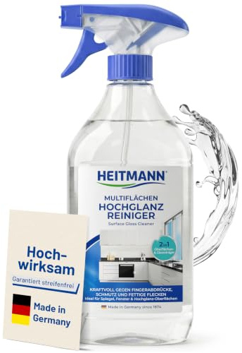 HEITMANN Multiflächen Hochglanzreiniger 500 ml | Schonender Fettlöser & Allzweckreiniger für empfindliche Lack- & Hochglanzfronten | Spezial-Glasreiniger für Küche, Glas & Spiegel | 2in1 Formel