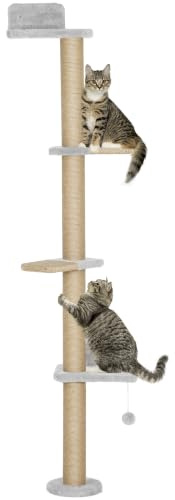 PawHut Kratzbaum Wandmontierter Katzenbaum Kratzsäulen 180 cm Hellgrau | 5 Etagen, Katzenturm, Spielball, Sprungplatte, für Katzen, zum Klettern, Kratzen