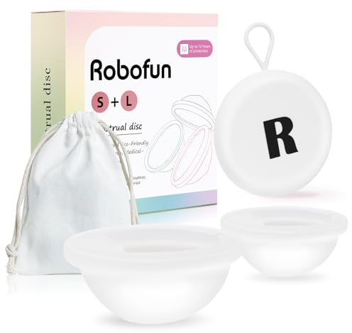 Robofun 2 Stück Menstruationsscheibe Größen S L, bis zu 12 Stunden, nachhaltige Menstruationsscheibe als Alternative zu Tampons und Menstruationstasse - Sicher bei Sport und Schwimmen - Transparent
