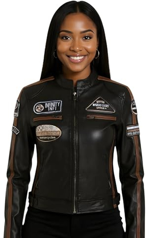 Women’s Leather Biker Jacket – Casual Racing Style with Moto Badges, Nappa Leather & Contrasting Stripes