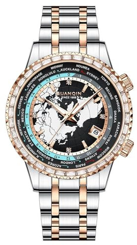 Guanqin Vintage Herren Kalender Weltkarte Zifferblatt Leuchtend Japanisch Automatisch Selbstaufzug Mechanische Uhr Saphirglas Business Wasserdicht Uhr Mann Stilvolle Edelstahl Strass Armbanduhr