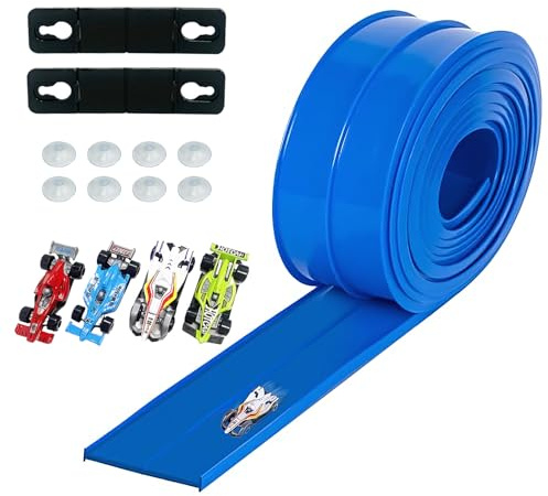 Autorennbahn 5M Flexible Rennbahn Kinder, Rennstrecke Auto Spielzeug mit 4 Autos, Dual Rennstrecke Rampen für 1/64th Autos, für Kinder ab 3 Jahren, Blau