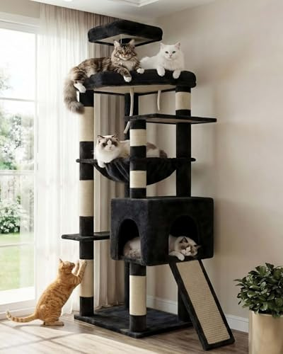 Heybly 163cm Heavy-Duty Cat Tree for Large Cats with Wide Base HCT027G | Indoor Cat Tower with Scratching Posts & Board, Cat Furniture with Big Platforms, Extra-Large Hammock, Smoky Gray