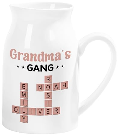 Personal Chic Personalised Flower Vase - Custom Name & Crossword Puzzle Design - Unique for Mum Grandma Nanny Nan, Rustic Vase, Personal Milk Jug Vase (Model #1)