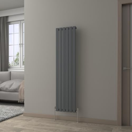 NRG 1600 x 408 mm Column Radiator Anthracite Single Flat Panel with Values | Designer Radiator,Central Heating,Free Angle Valves,High Heat Output,Modern,Compatible for Use on All UK Heating Systems