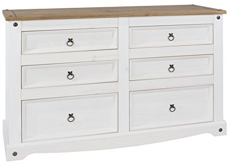 Home Source Industrial Style Solid Pine Bedroom Chest Of Drawers Storage Cabinet, White, 6 Drawers