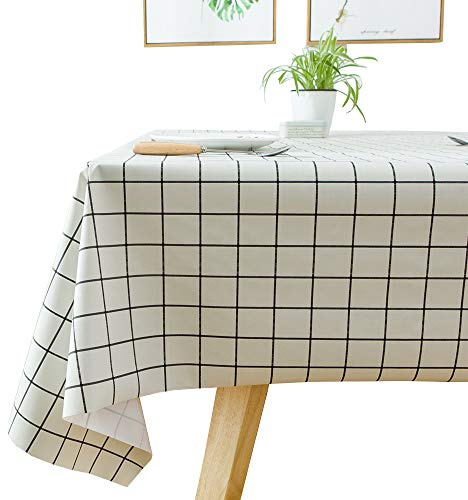 Plenmor Table Cloth Wipeable Tablecloth PVC Plastic Wipe Clean Waterproof Square Table Cover Protector for Kitchen Picnic Outdoor Indoor (137x137 cm, White Plaid)