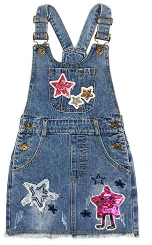 Peacolate 4-11 Jahre Mädchen Schnall Denim Latzrock Elastisch Hosenträger Star Mustern Jeanshose Bestickter Pailletten Overalls Rock(Star,8Jahre)