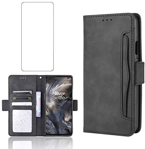 Asuwish Handyhülle für OnePlus Nord 1 Hülle mit Glas Folie Schutzfolie Kartenfach Klappbar Leder Geldbörse Ständer Panzerfolie 5G AC2003 AC2001 Handy Hüllen Schutzhülle Cover Phone Case Schwarz