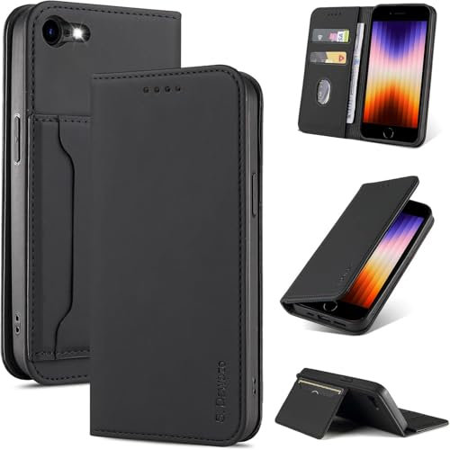 S. Dawezo Handyhülle für Handyhülle für iPhone SE 2022/iPhone SE 2020 Hülle, iPhone 8/iPhone 7 Hülle Premium Leder Magnetische Klapphülle Kartenfach Stoßfeste schutzhülle Flip Case Cover-Schwarz