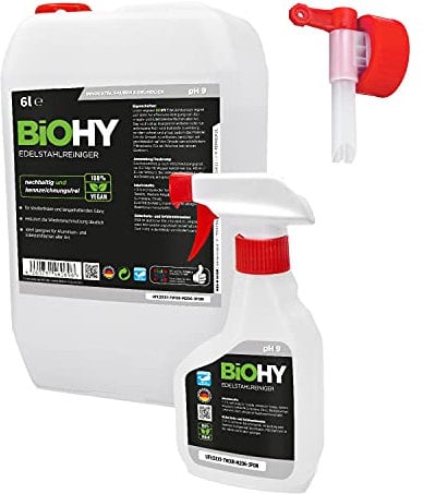 BiOHY Detergente per acciaio inossidabile (Lattina da 6 Litri) + flacone spray e rubinetto | Cura dell’acciaio inossidabile per una nuova lucentezza senza striature (Edelstahlreiniger)