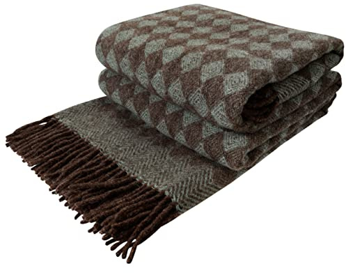 LYHome Lammwolldecke 100% Schurwolle - Warm Winterdecke Couchdecke Sofadecke, Kuscheldecke Tagesdecke, Winter Decke Sofa, Warme Decken Couch (140x200 cm, Grün - Braun Skandinavische Rauten)