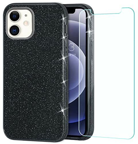 Mixroom - Coque de protection en TPU souple avec paillettes et film de verre trempé 3 en 1, pour iPhone 12, noir brillant