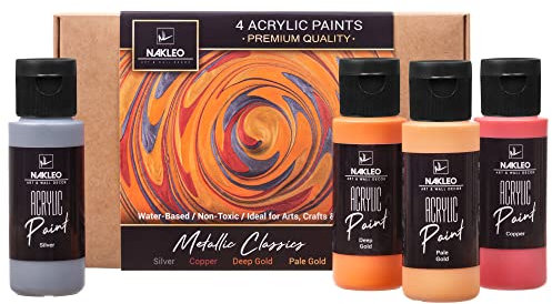 NAKLEO Lot de Peinture Acrylique, 4 Couleurs (60 ml, 2 oz) Metallic Classics Argent Cuivre Or, Non Toxique à Base d'eau Mat, Fournitures d'art Bricolage, Pochoirs Mur Bois Toile Papier Tissu Pierre